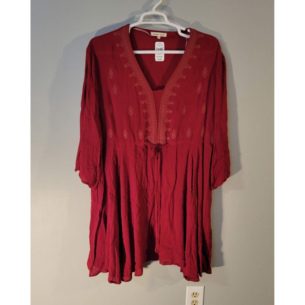 NWT Indigo Soul Embroidered Crinkle Neck Peasant Dress/Tunic Plus Size 2X